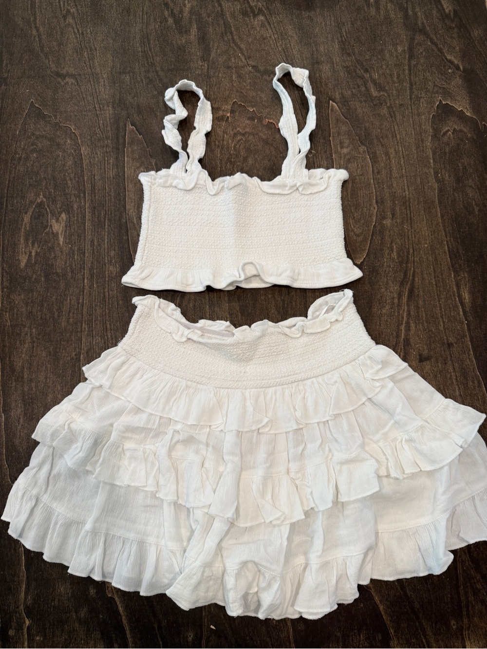 Market White Ruffled Smocked Crop Top & Tiered Ruffle Skirt Set